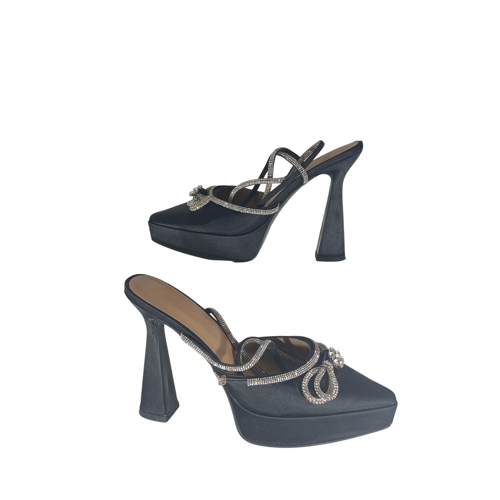 Satin Rhinestone Bow Platform Heels 38 Black Glam Evening Pumps Statement Heels